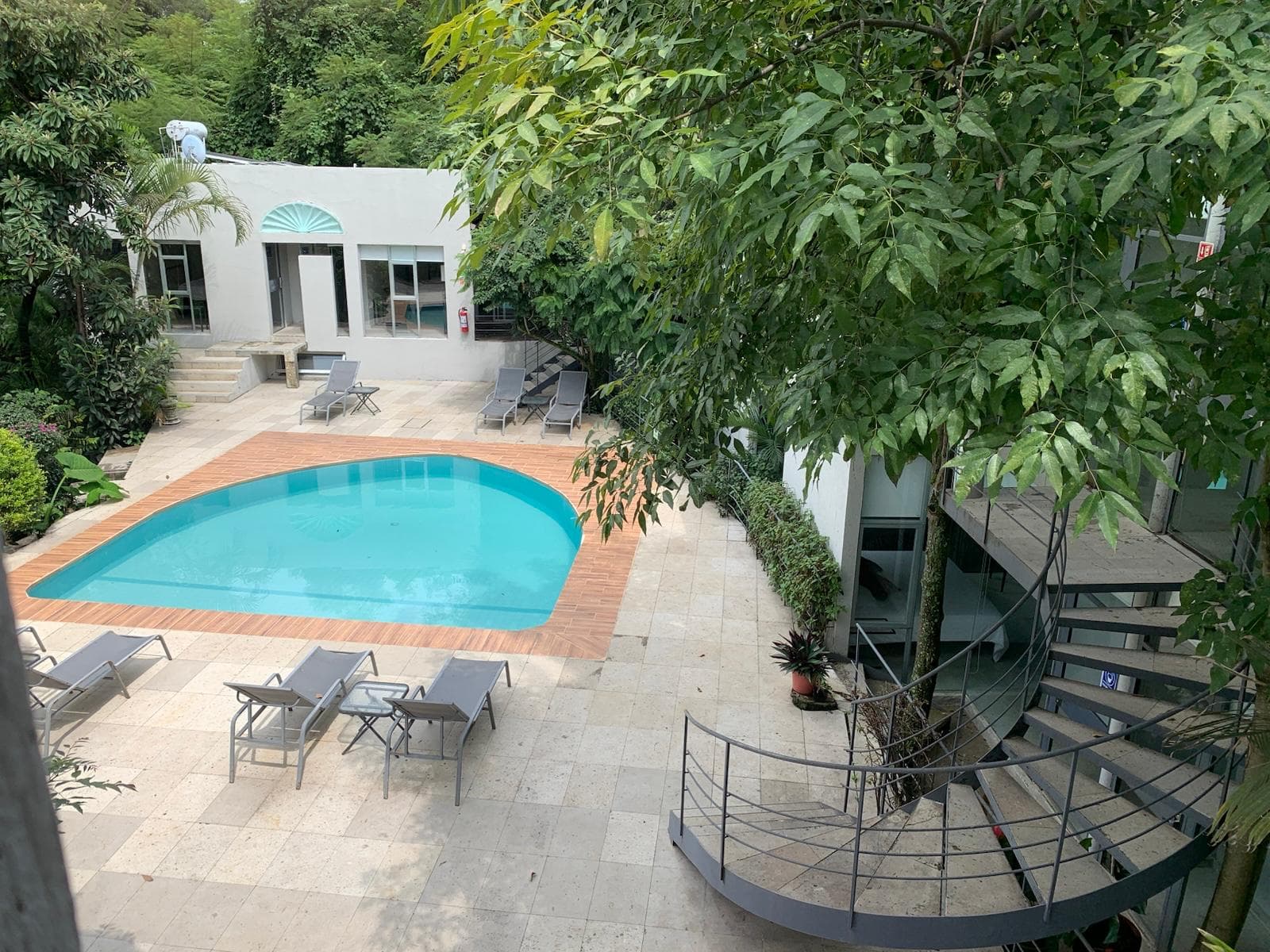 Aerial view of pool and gardens